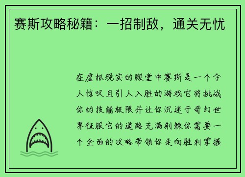 赛斯攻略秘籍：一招制敌，通关无忧